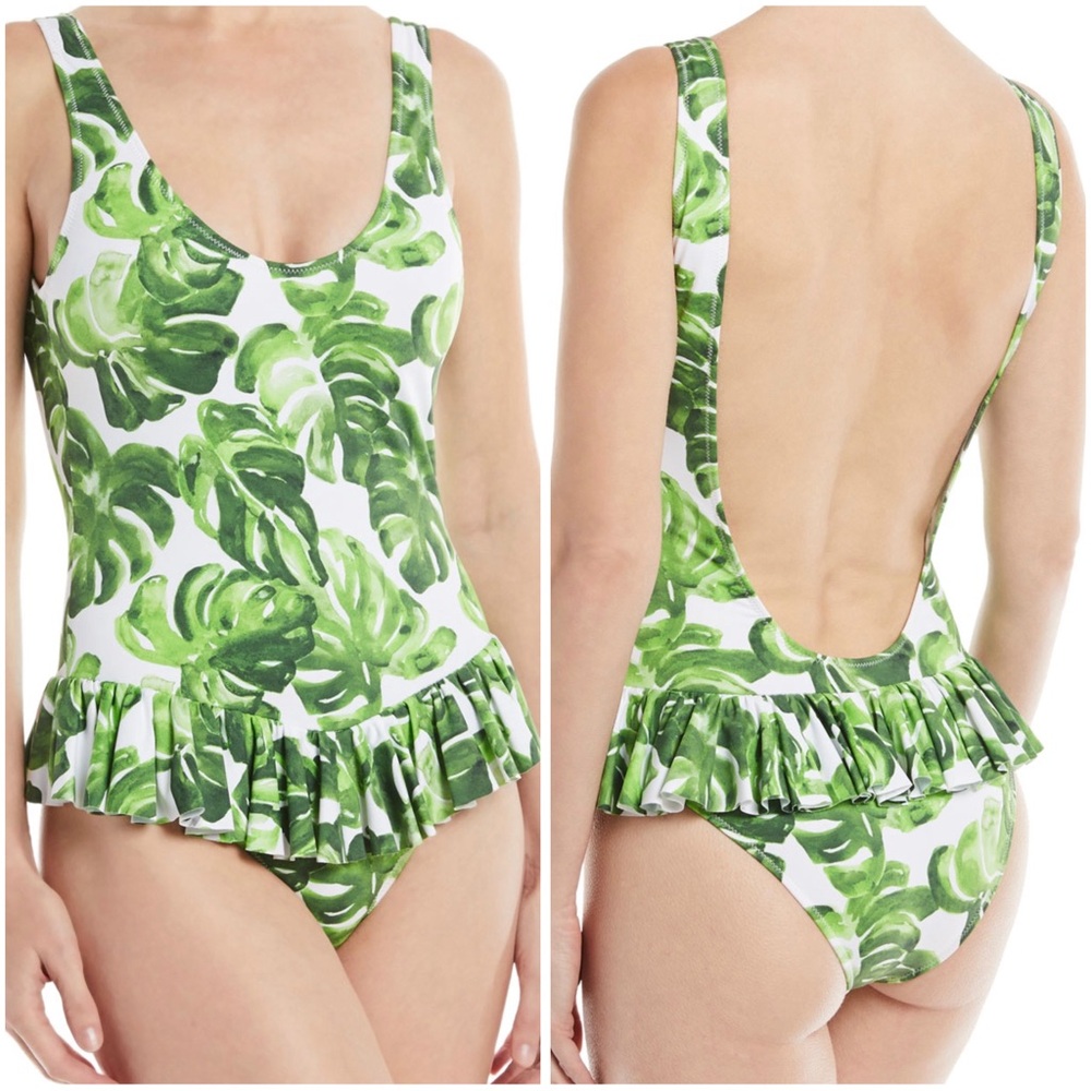Caroline Constas Tinos Green Palm Floral Print One Piece Ruffle Skirt Swimsuit M